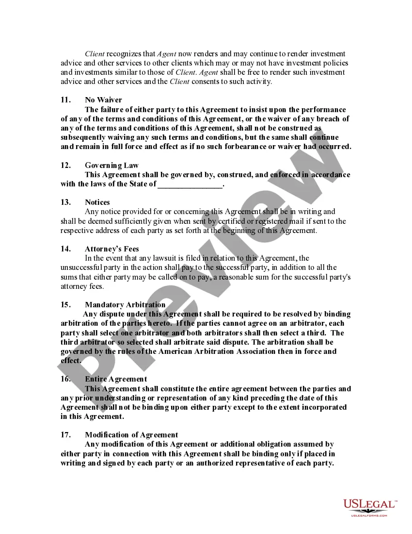 Preview Agreement for Services of Investment Agent with Agent to Purchase and Sell Investments for the Benefit of Client