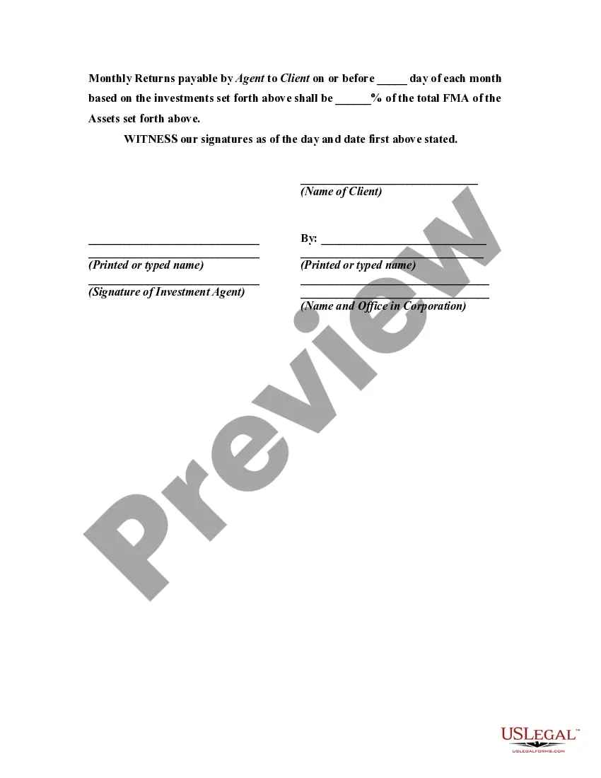Preview Agreement for Services of Investment Agent with Agent to Purchase and Sell Investments for the Benefit of Client