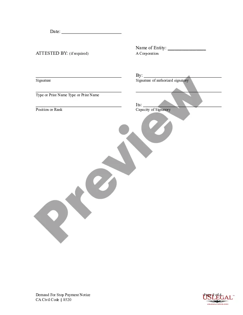 Preview Demand for Stop Notice - Corporation