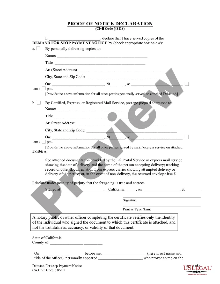 Preview Demand for Stop Notice - Corporation