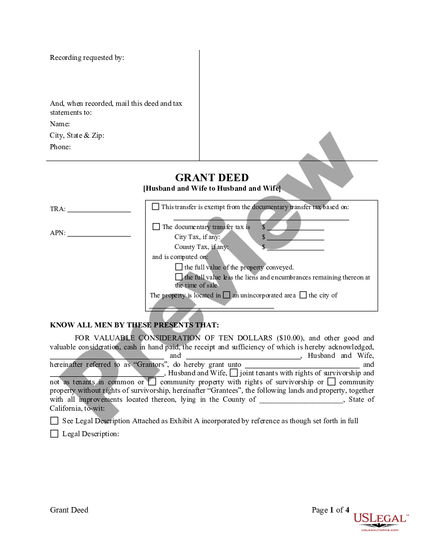 California Grant Deed From Husband And Wife To Husband And Wife Deed Wording Husband And Wife 9638