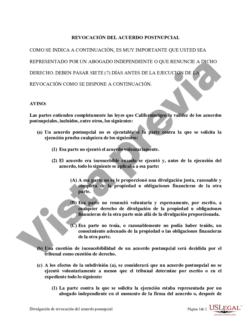 Preview Revocación del Acuerdo de Propiedad Postnupcial - California