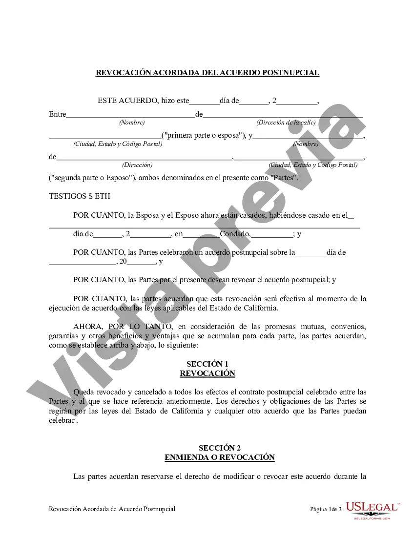 Preview Revocación del Acuerdo de Propiedad Postnupcial - California