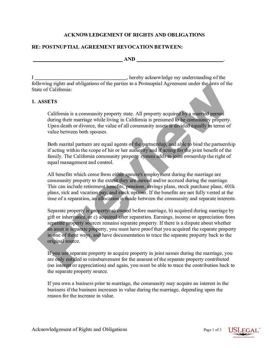 page 0 Revocation of Postnuptial Property Agreement - California preview