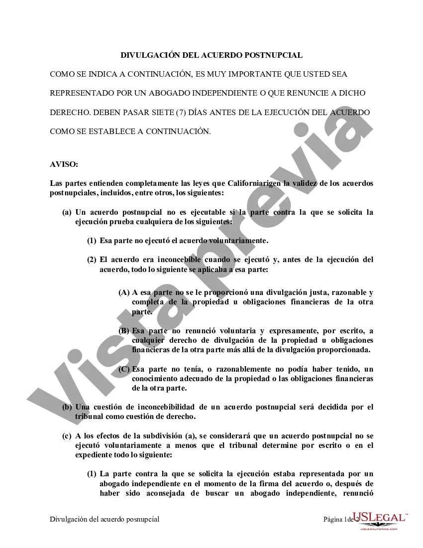 Preview Acuerdo de propiedad posnupcial - California