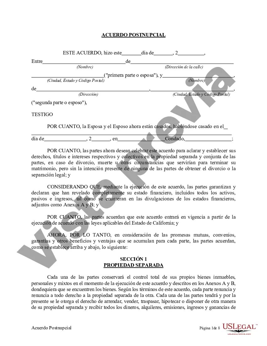 Preview Acuerdo de propiedad posnupcial - California