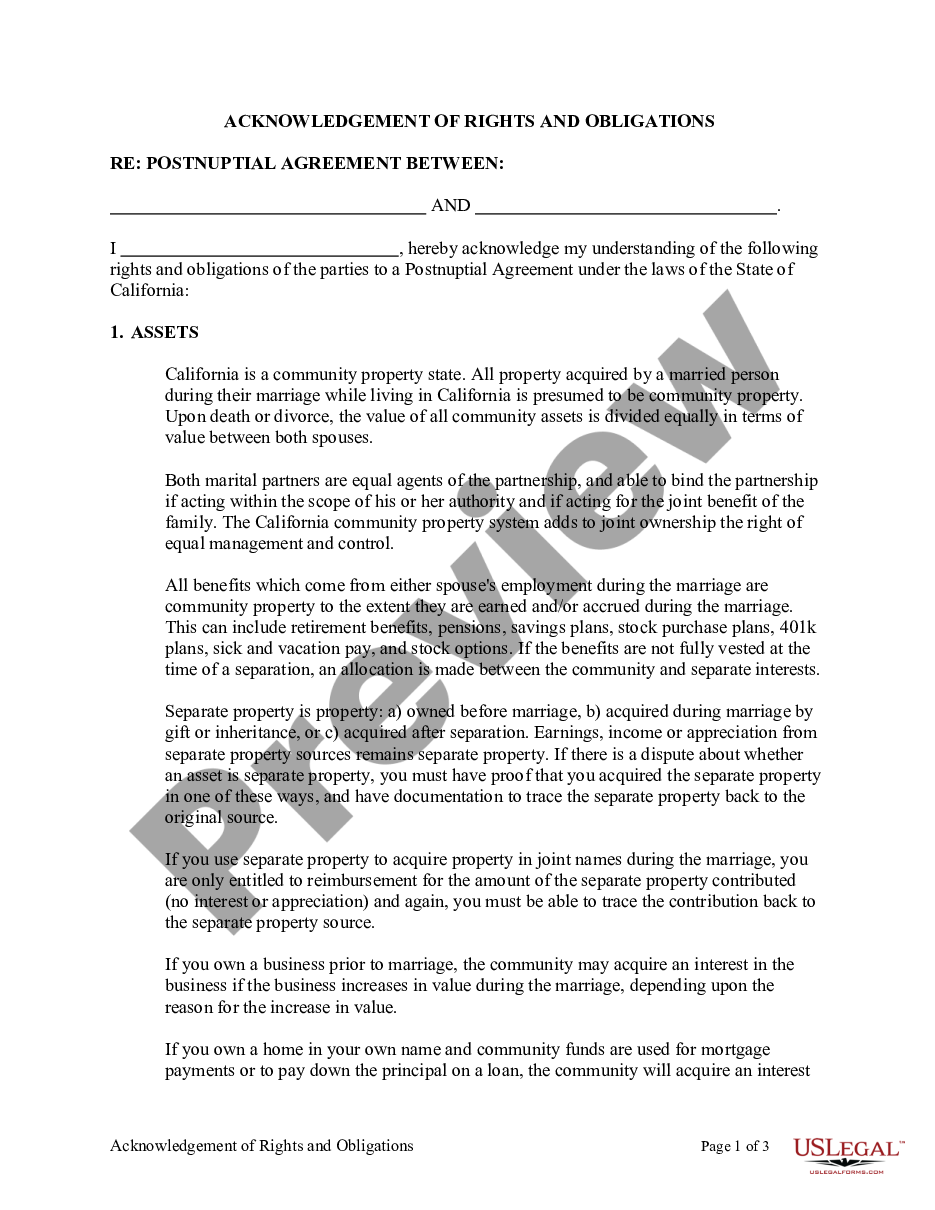 page 0 Postnuptial Property Agreement - California preview