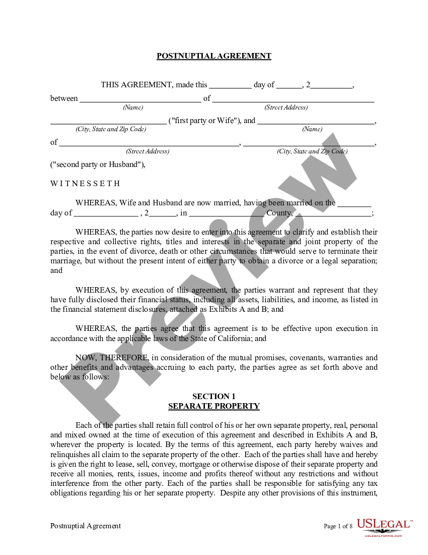 Postnuptial Property Agreement California Sample Postnuptial