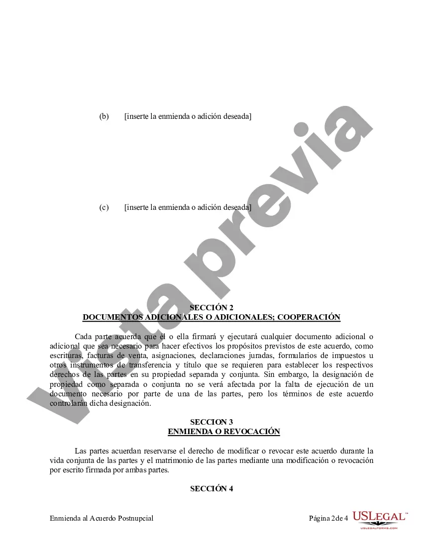 Preview Enmienda al Acuerdo de propiedad posnupcial - California