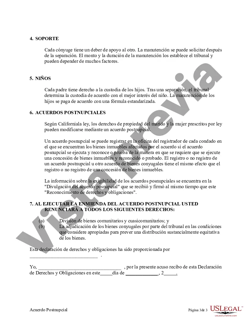 Preview Enmienda al Acuerdo de propiedad posnupcial - California