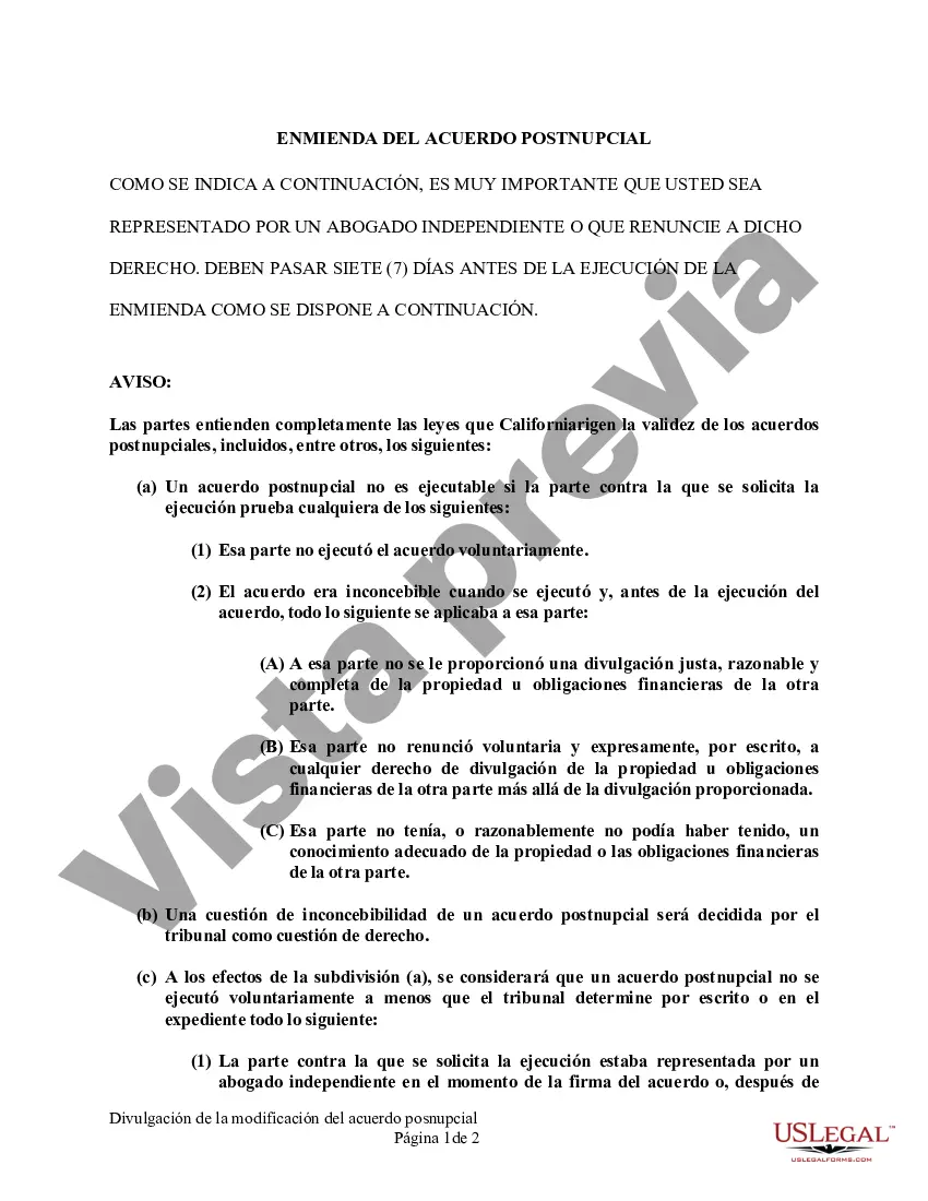 Preview Enmienda al Acuerdo de propiedad posnupcial - California