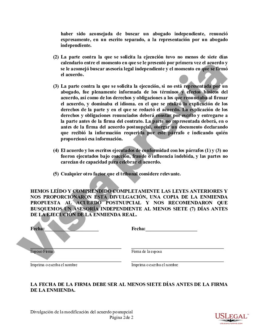 Preview Enmienda al Acuerdo de propiedad posnupcial - California