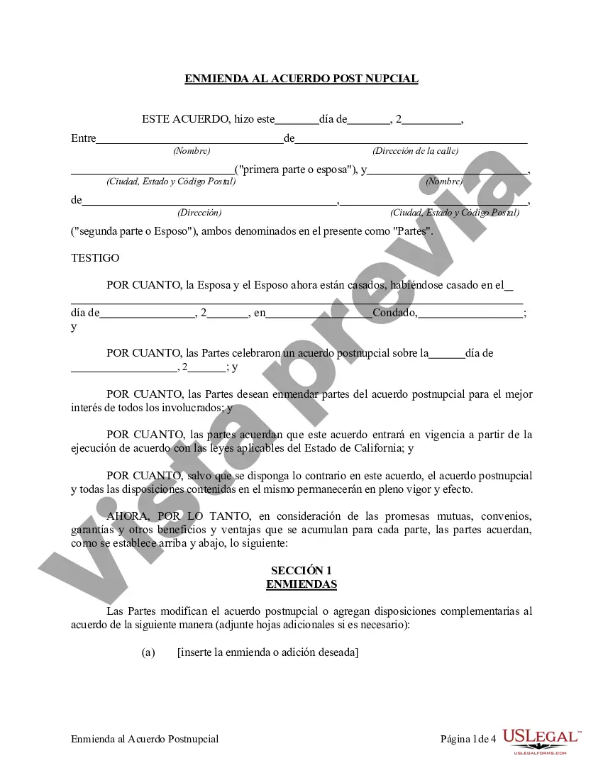 Preview Enmienda al Acuerdo de propiedad posnupcial - California