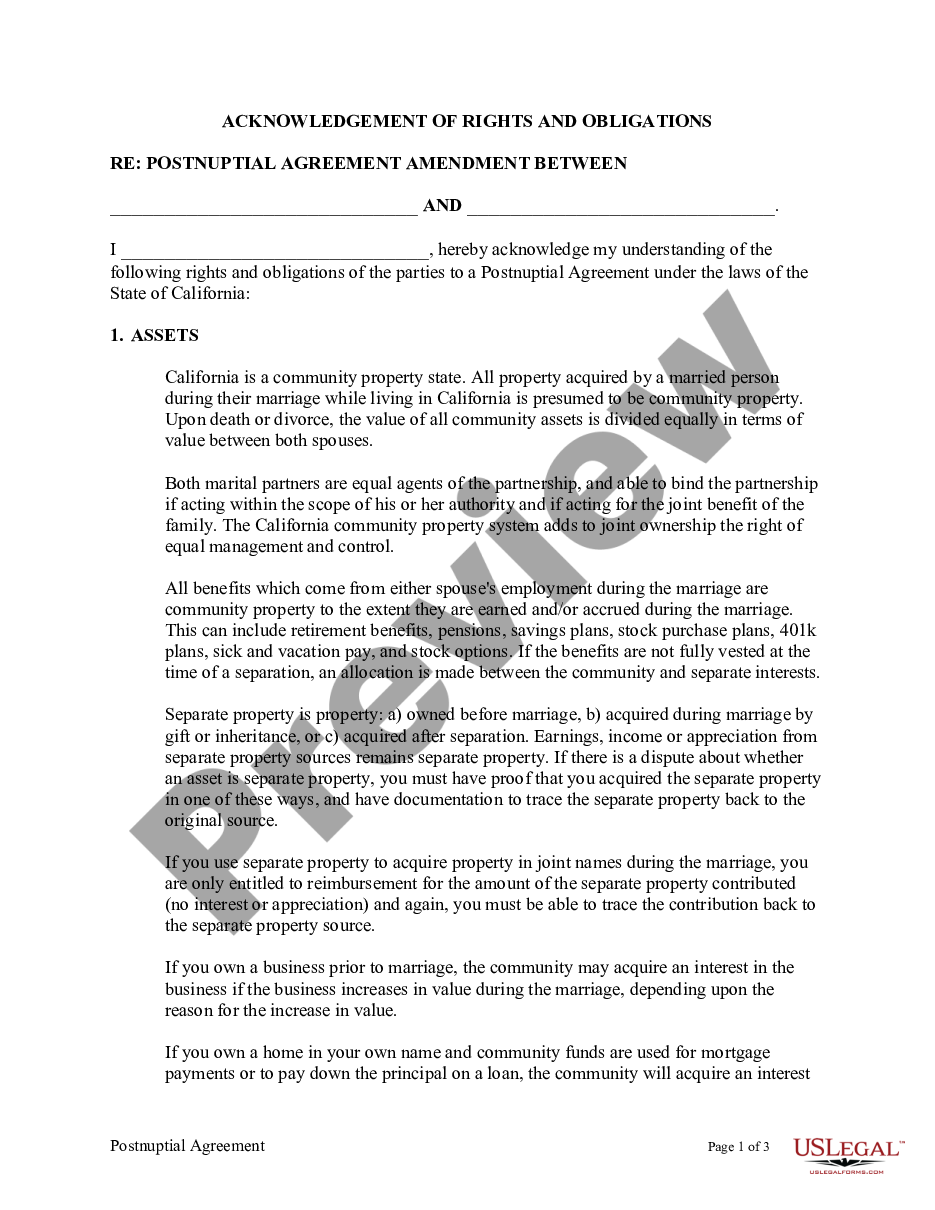 page 0 Amendment to Postnuptial Property Agreement - California preview