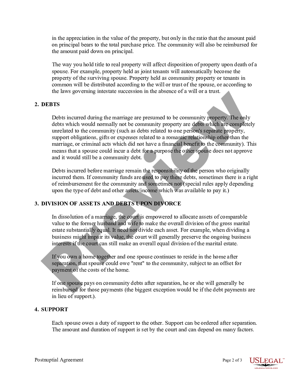 page 1 Amendment to Postnuptial Property Agreement - California preview