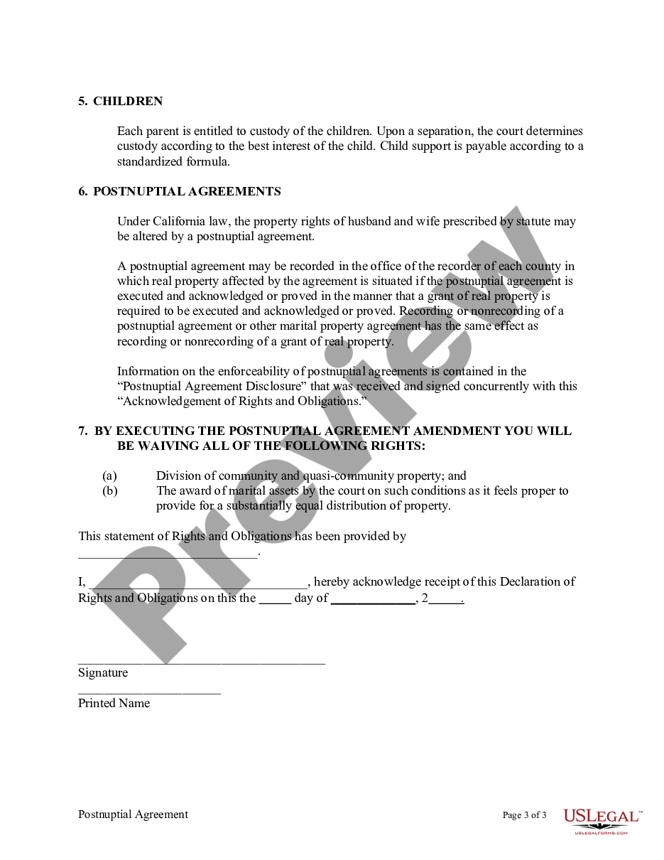 page 2 Amendment to Postnuptial Property Agreement - California preview