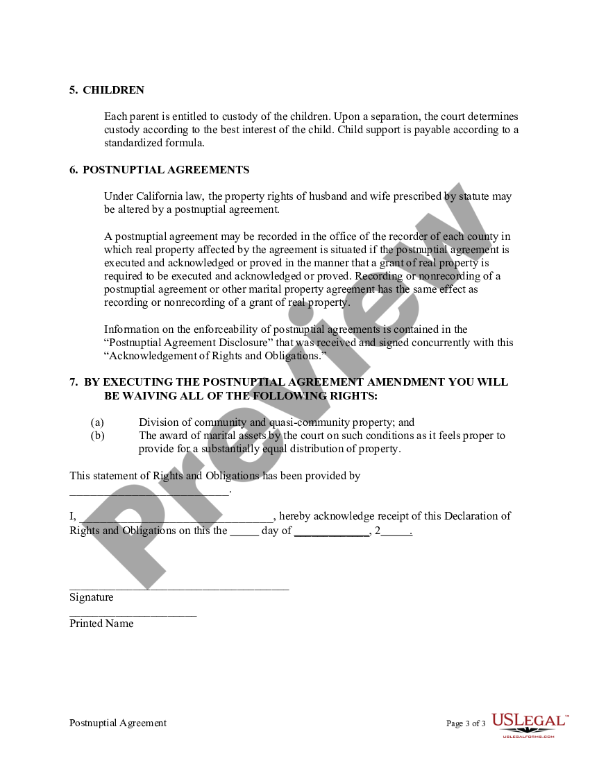 Amendment to Postnuptial Property Agreement - California - Postnuptial ...