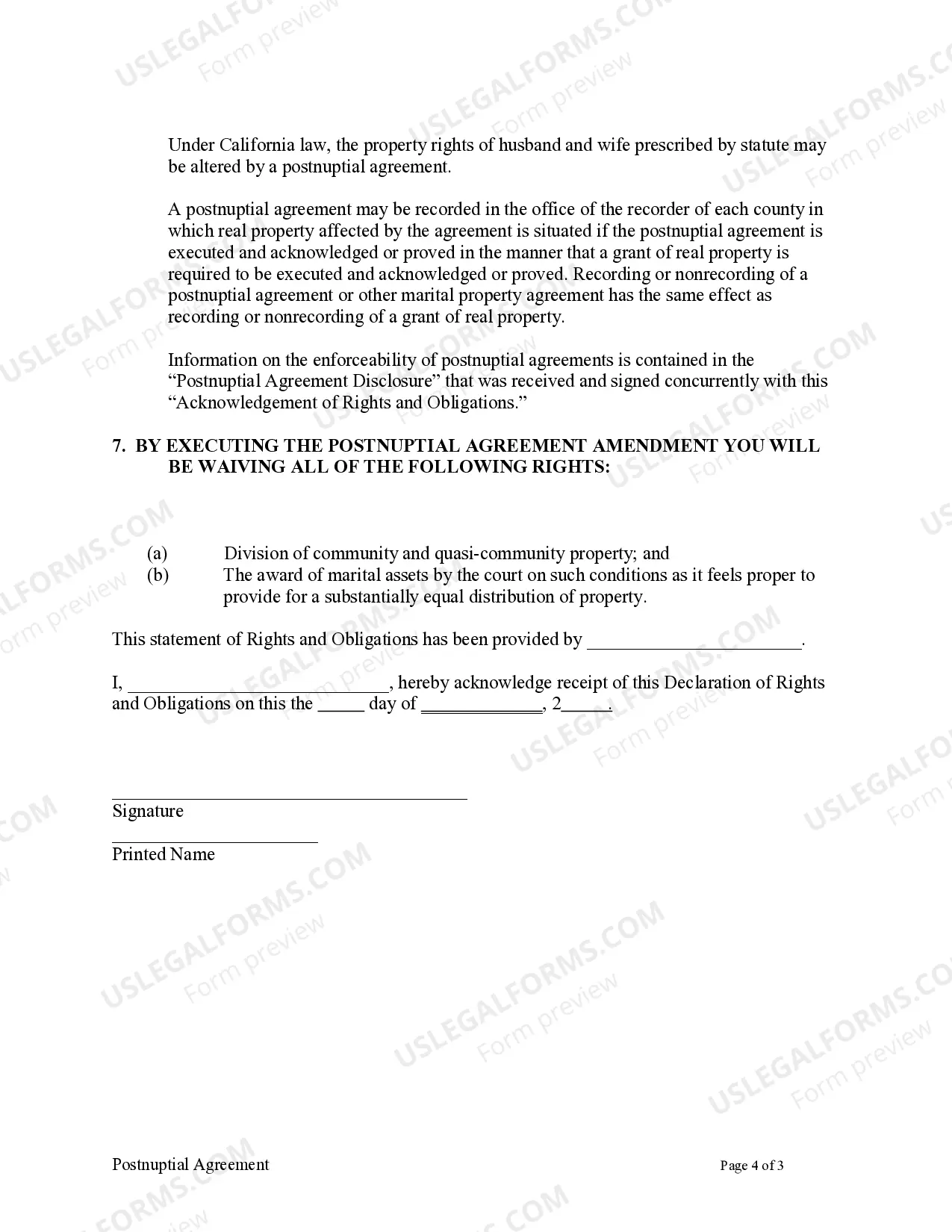 Preview Amendment to Postnuptial Property Agreement