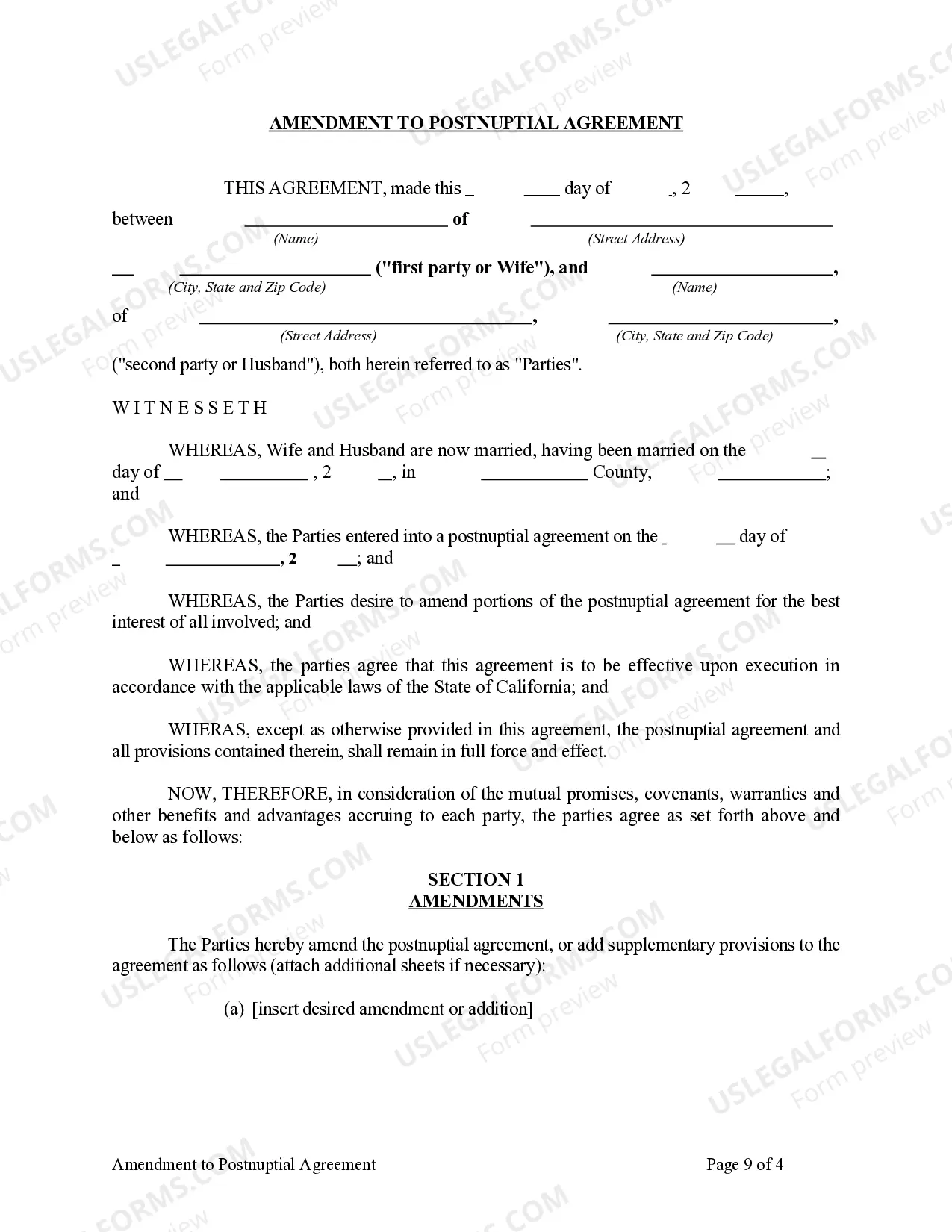 Preview Amendment to Postnuptial Property Agreement