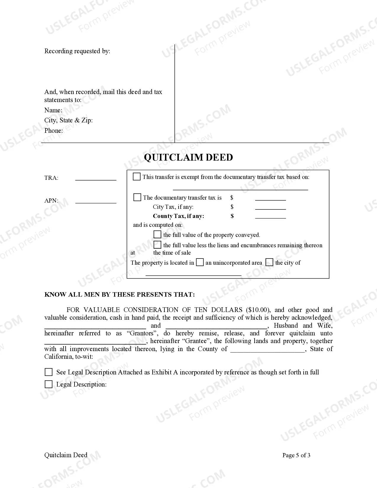 Preview Quitclaim Deed from Husband and Wife to an Individual