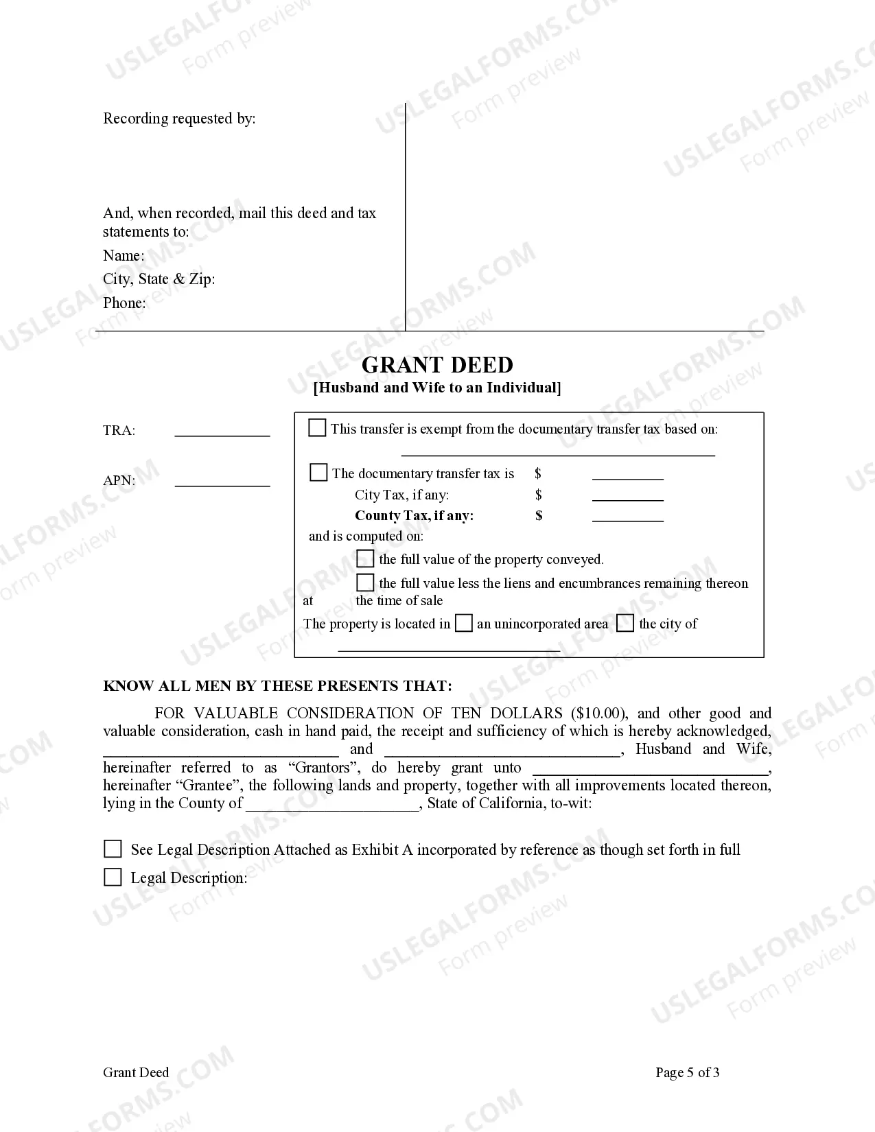 Preview Grant Deed from Husband and Wife to an Individual