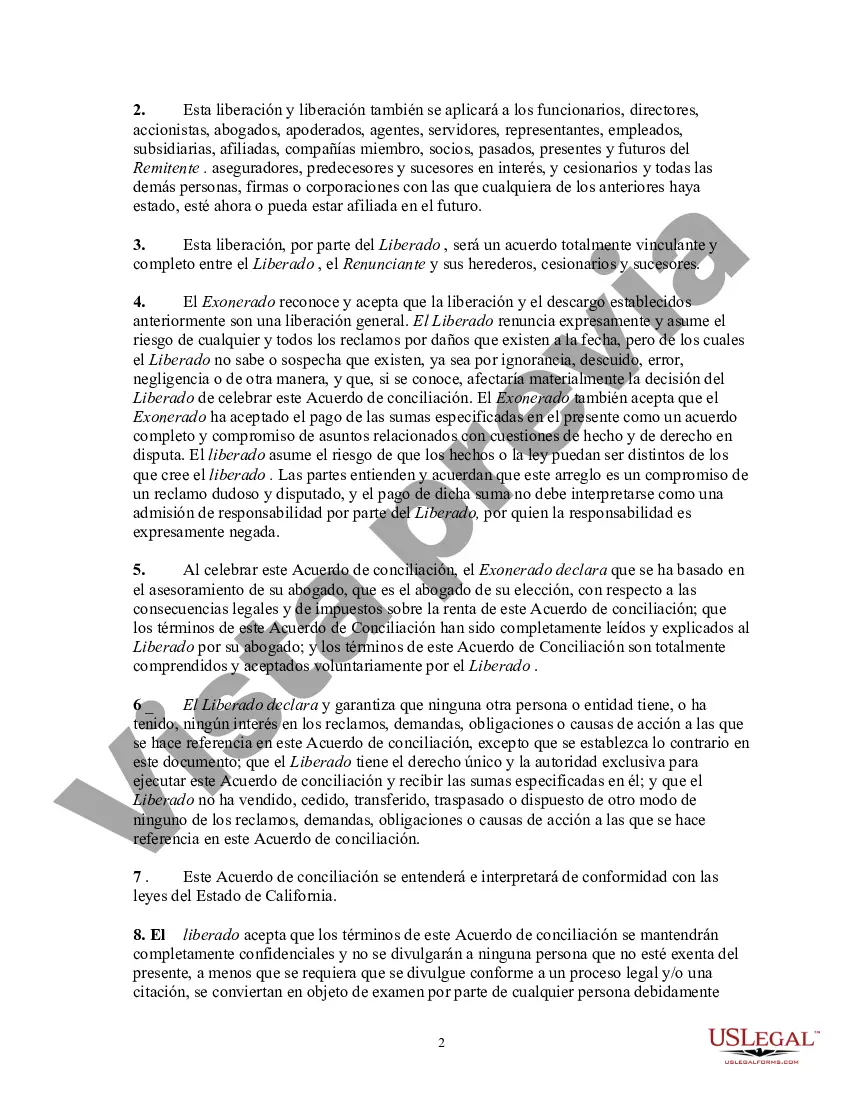 Preview Acuerdo de conciliación y liberación - Demanda no presentada
