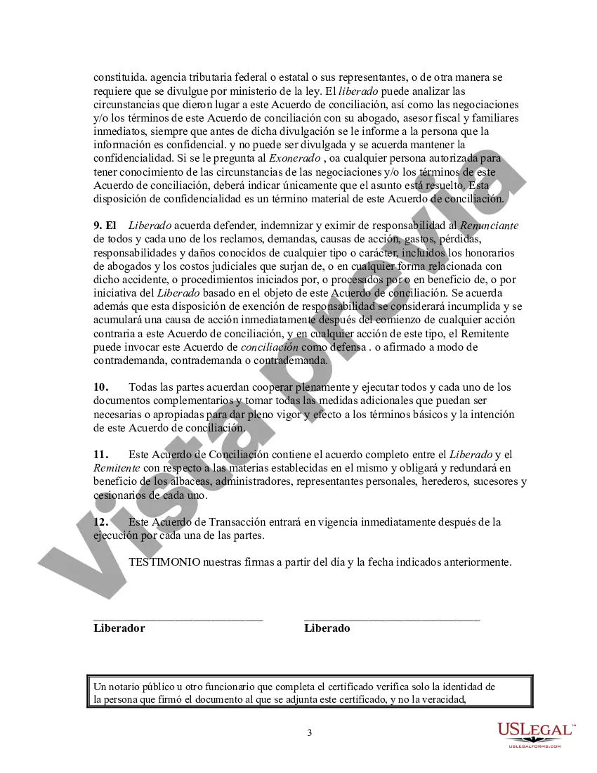 Preview Acuerdo de conciliación y liberación - Demanda no presentada
