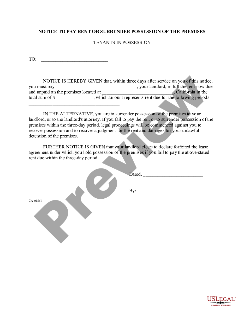 form Notice to Pay Rent or Surrender Possession of the Premises preview
