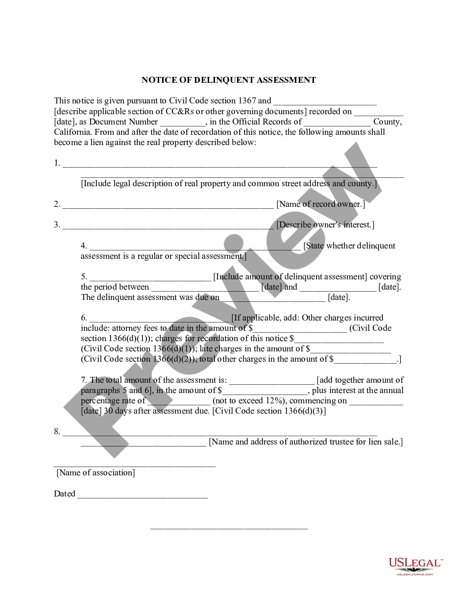form Notice of Delinquent Assessment by Governing Authorities preview