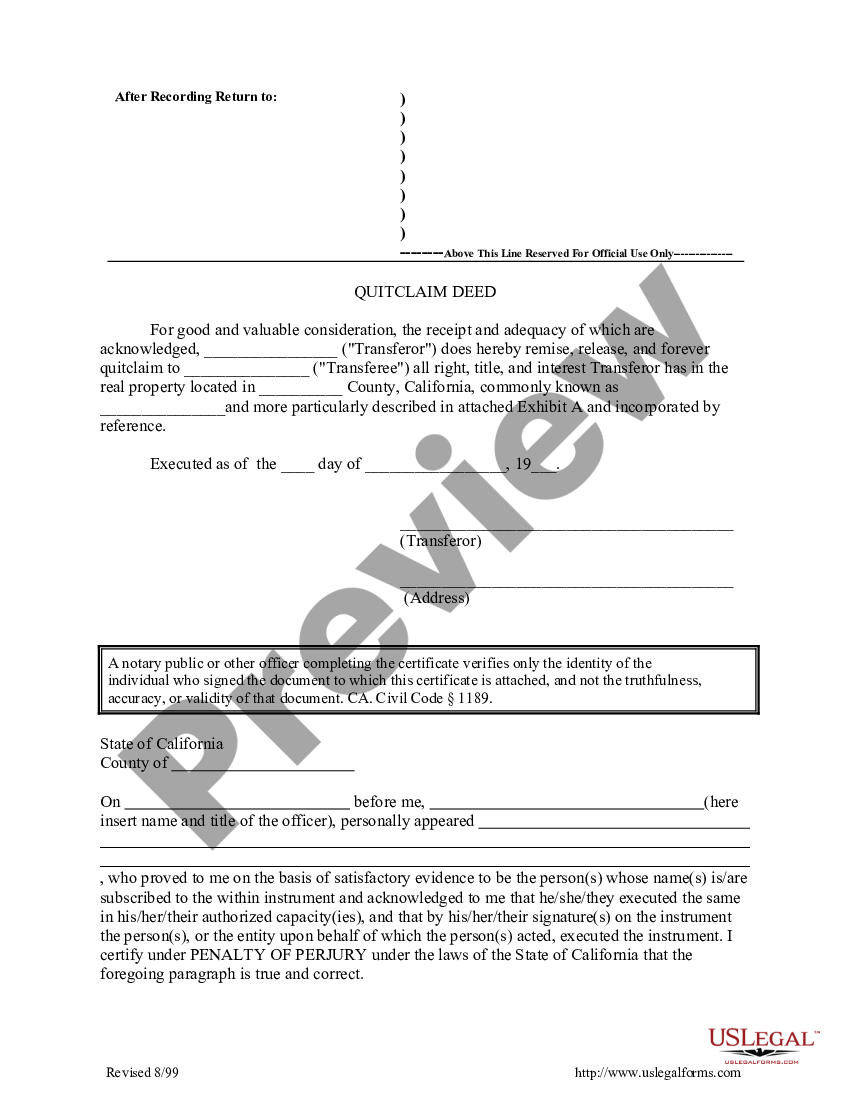 California Quitclaim Deed Quitclaim Deed Form US Legal Forms