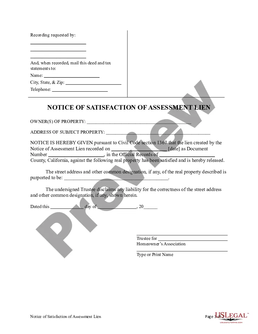 Preview Notice of Satisfaction of Assessment Lien by Home Owners Association