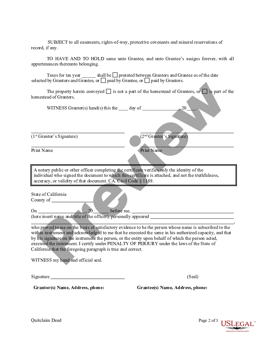 California Quitclaim Deed - Husband and Wife to Trust | US Legal Forms