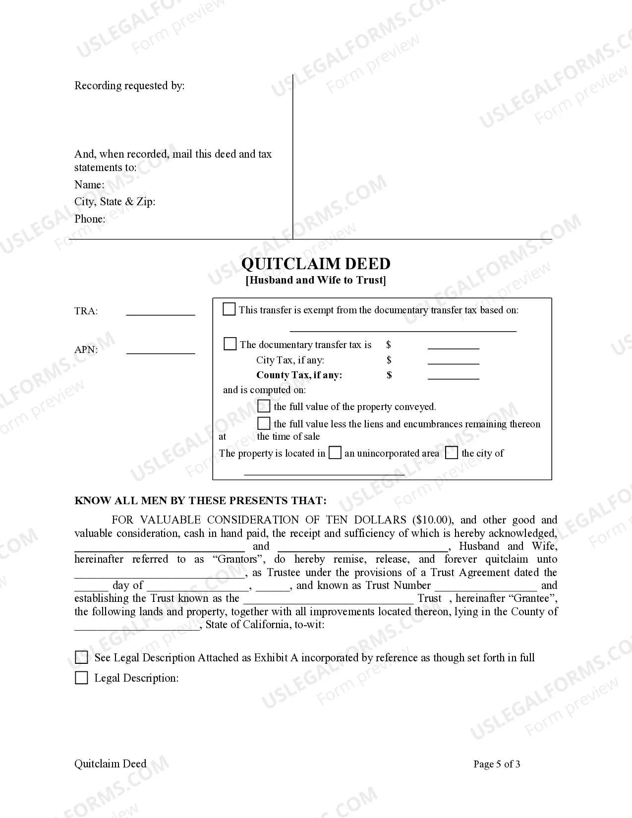 Preview Quitclaim Deed - Husband and Wife to Trust