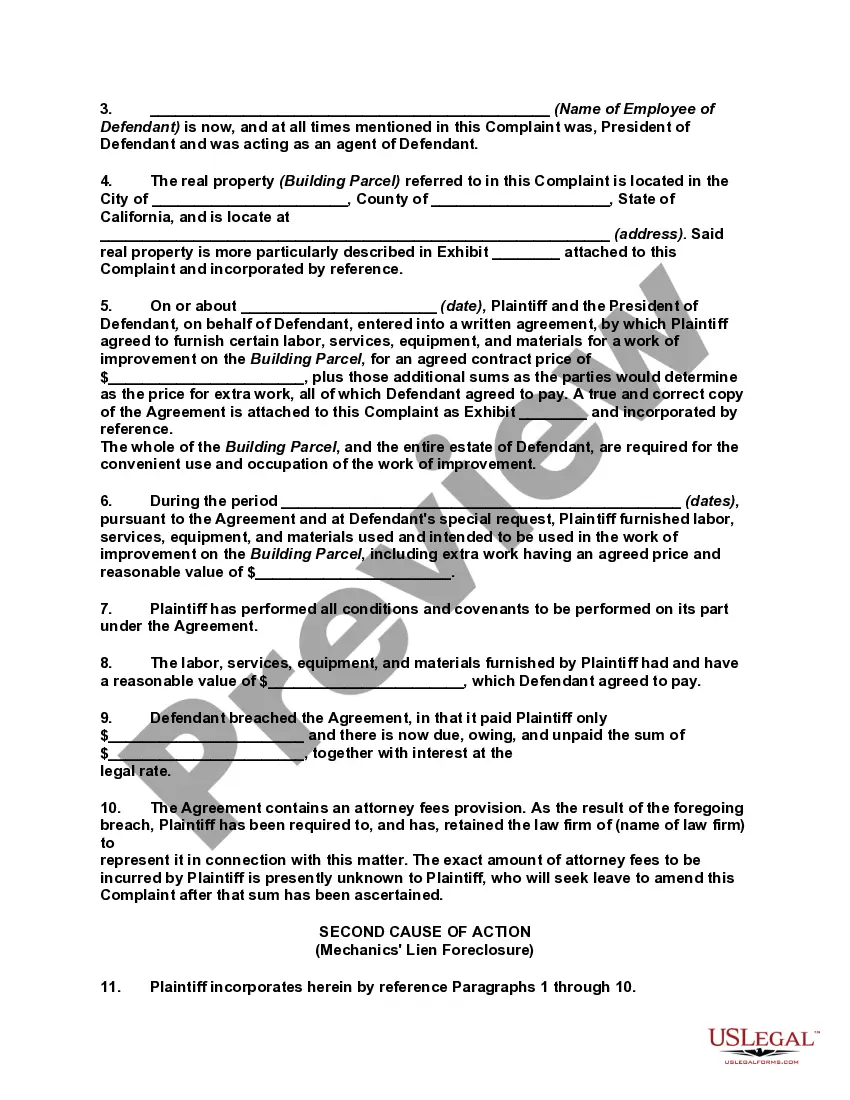 Preview Complaint for Damages and Foreclosure of Mechanic's Lien