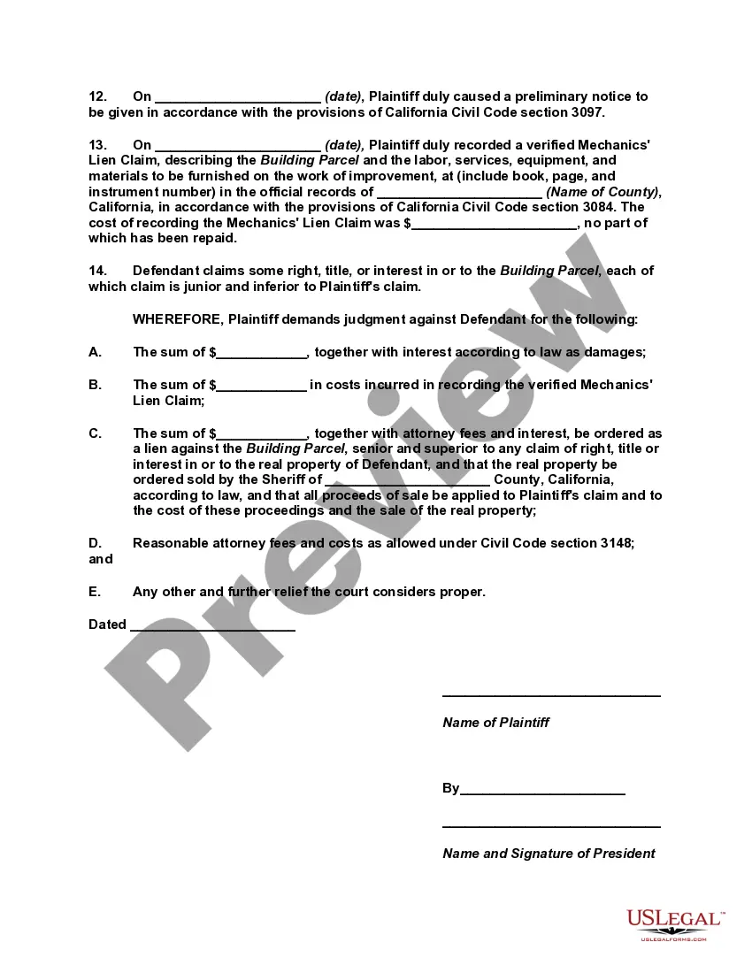 Preview Complaint for Damages and Foreclosure of Mechanic's Lien