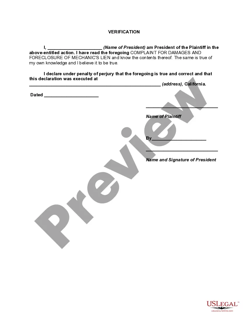 Preview Complaint for Damages and Foreclosure of Mechanic's Lien