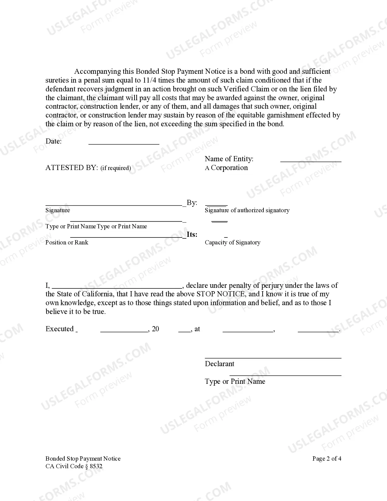 Preview Bonded Stop Payment Notice - Construction Liens - Corporation or Limited Liability Company