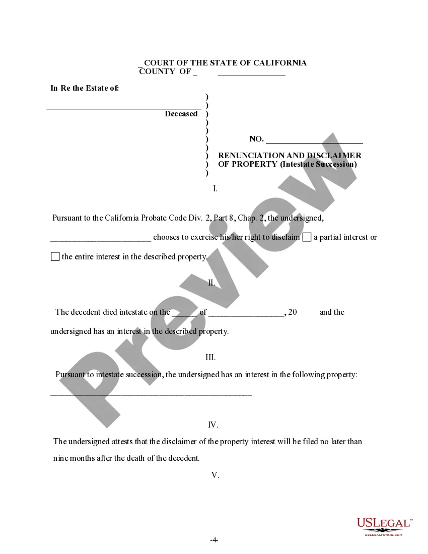 Preview California Renunciation And Disclaimer of Property received by Intestate Succession