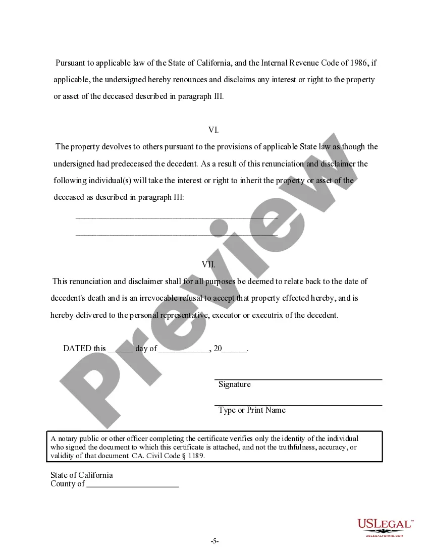 Preview California Renunciation And Disclaimer of Property received by Intestate Succession