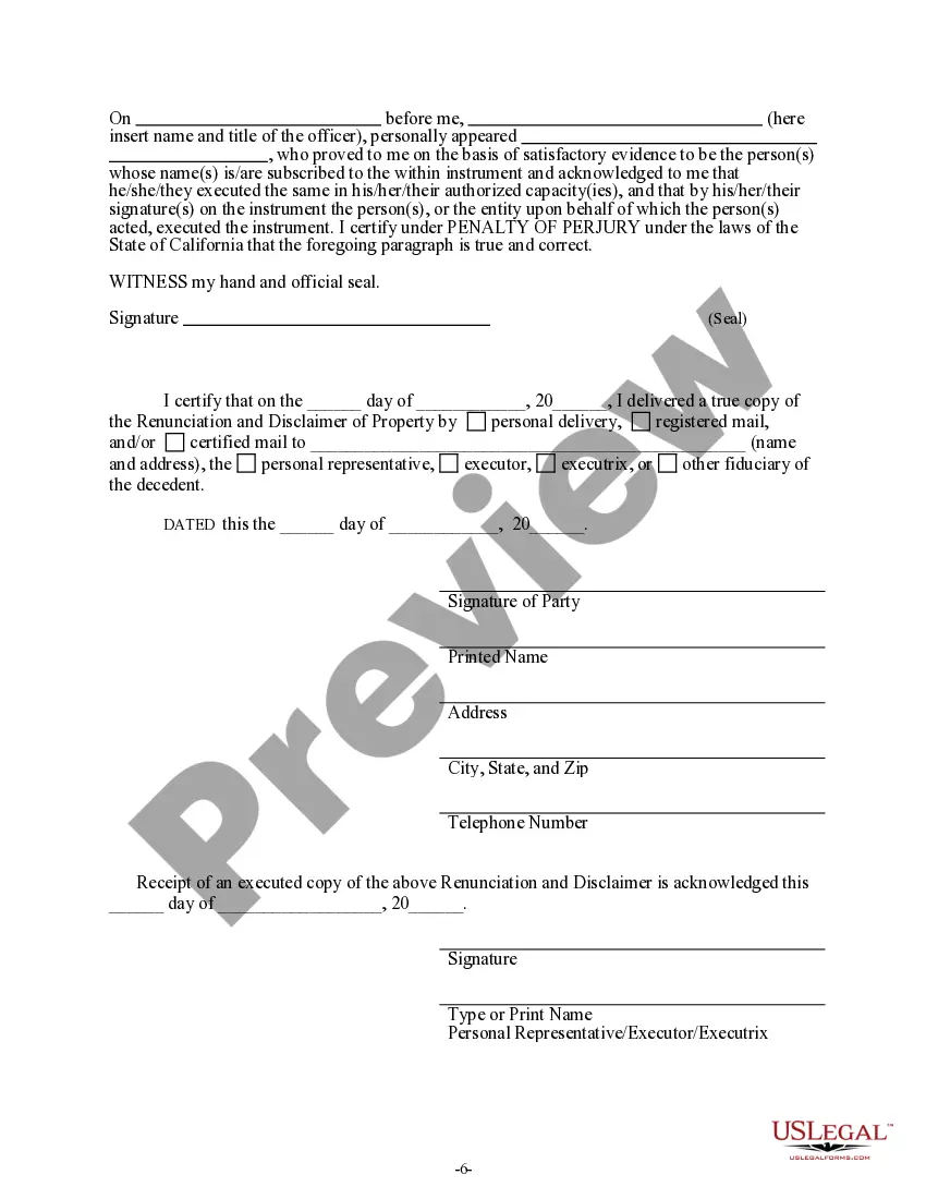Preview California Renunciation And Disclaimer of Property received by Intestate Succession