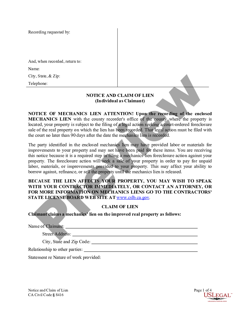 page 0 Notice and Claim of Lien - Construction Liens - Individual - CA Civil Code Section 8416 preview