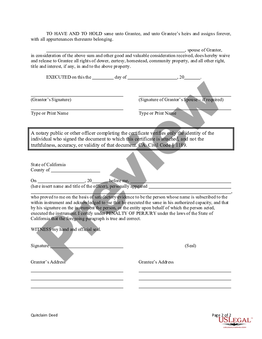 California Quitclaim Deed From Individual To Individual With Specific Waiver Of Spouses 7775