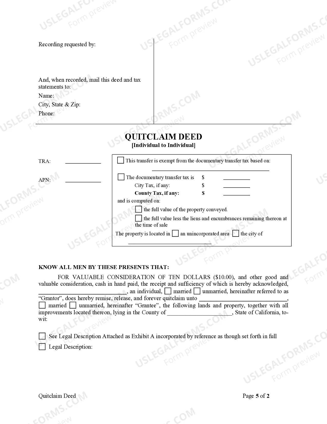 Preview Quitclaim Deed from Individual to Individual