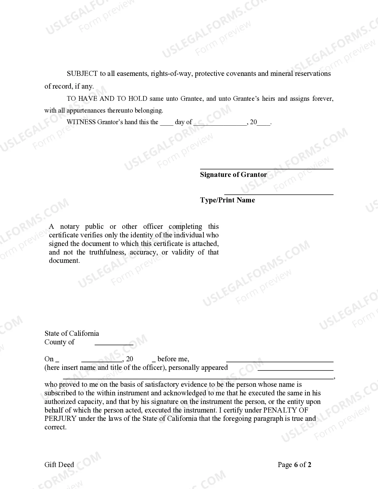 Preview California Gift Deed for Individual to Individual