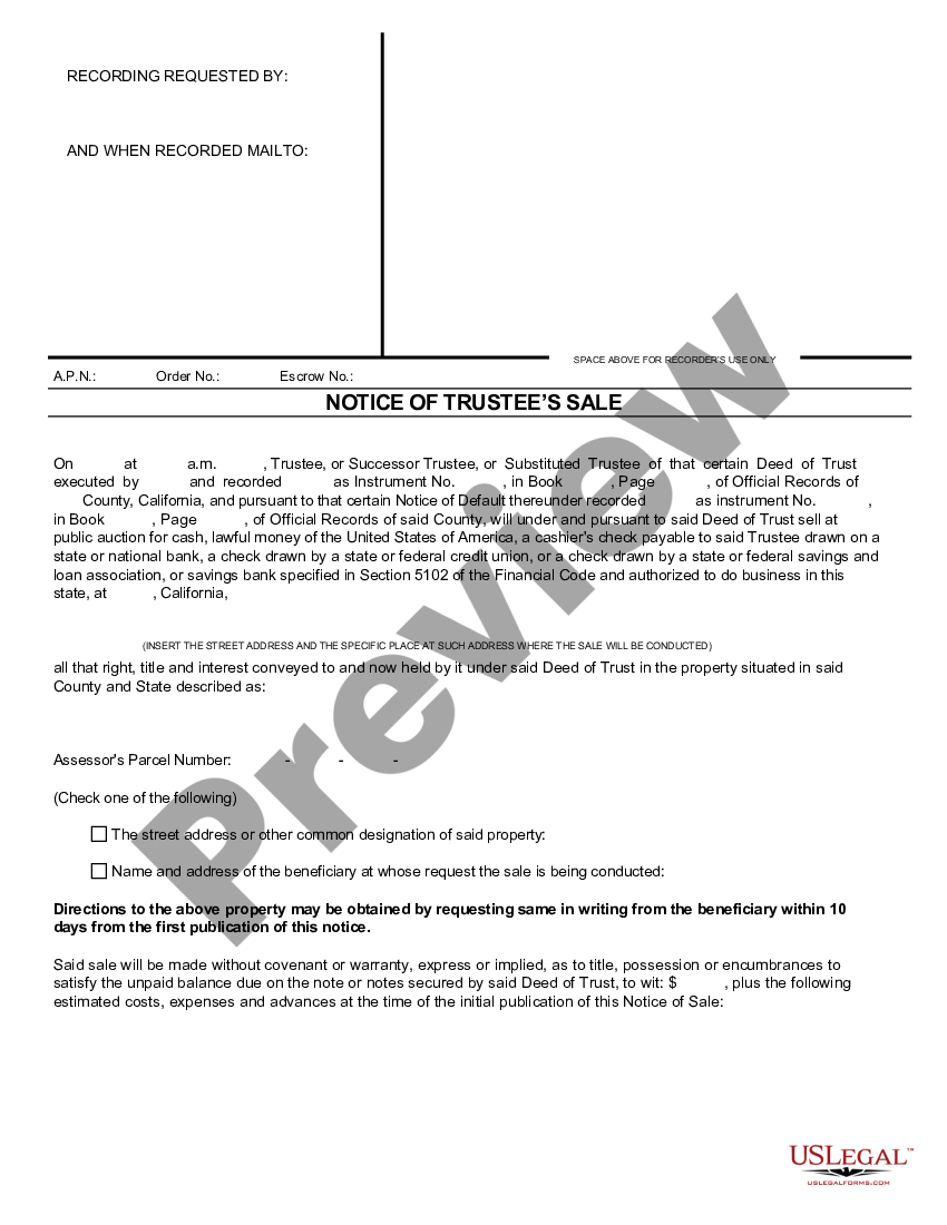 California Notice Of Trustee s Sale Trustees Sale US Legal Forms