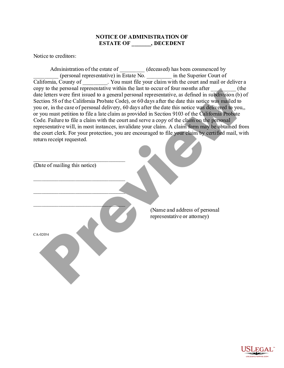 form Notice of Administration of Estate of Decedent preview