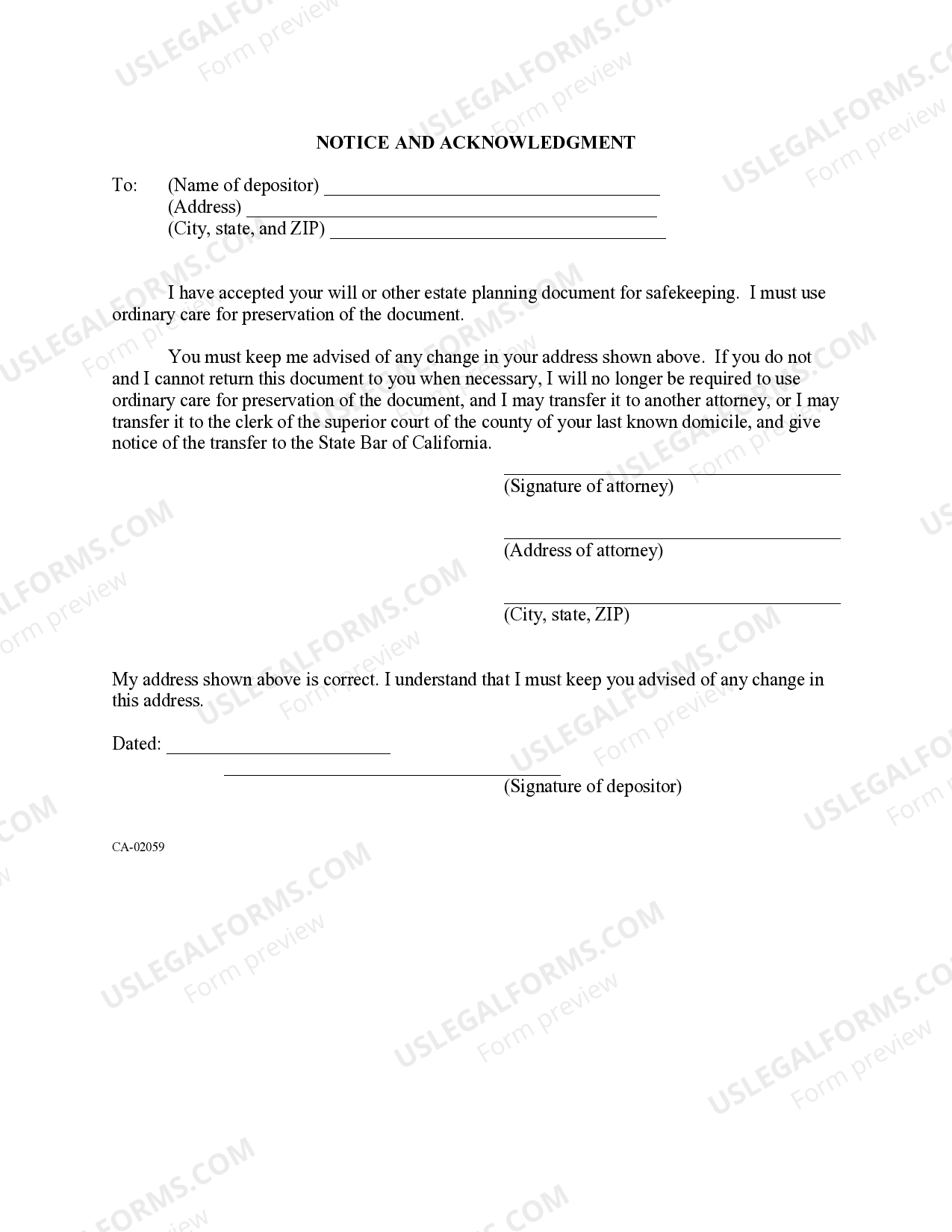 California Notice and Acknowledgment of Receipt of Will for Safekeeping