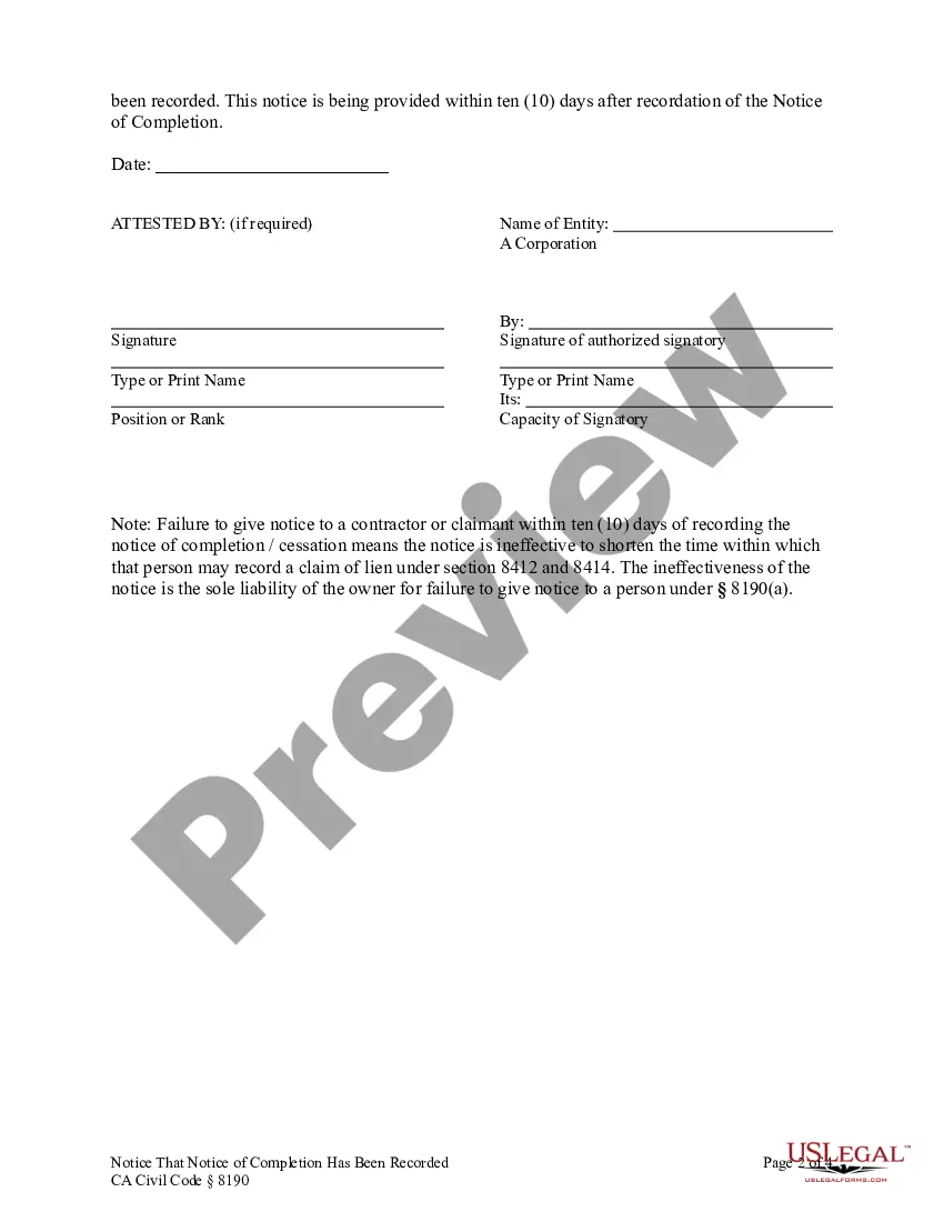 Preview Notice that Notice of Completion Has Been Recorded - Corporation