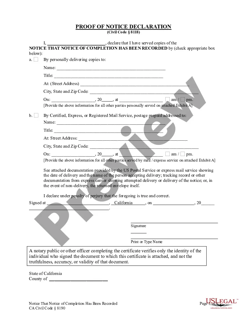 Preview Notice that Notice of Completion Has Been Recorded - Corporation