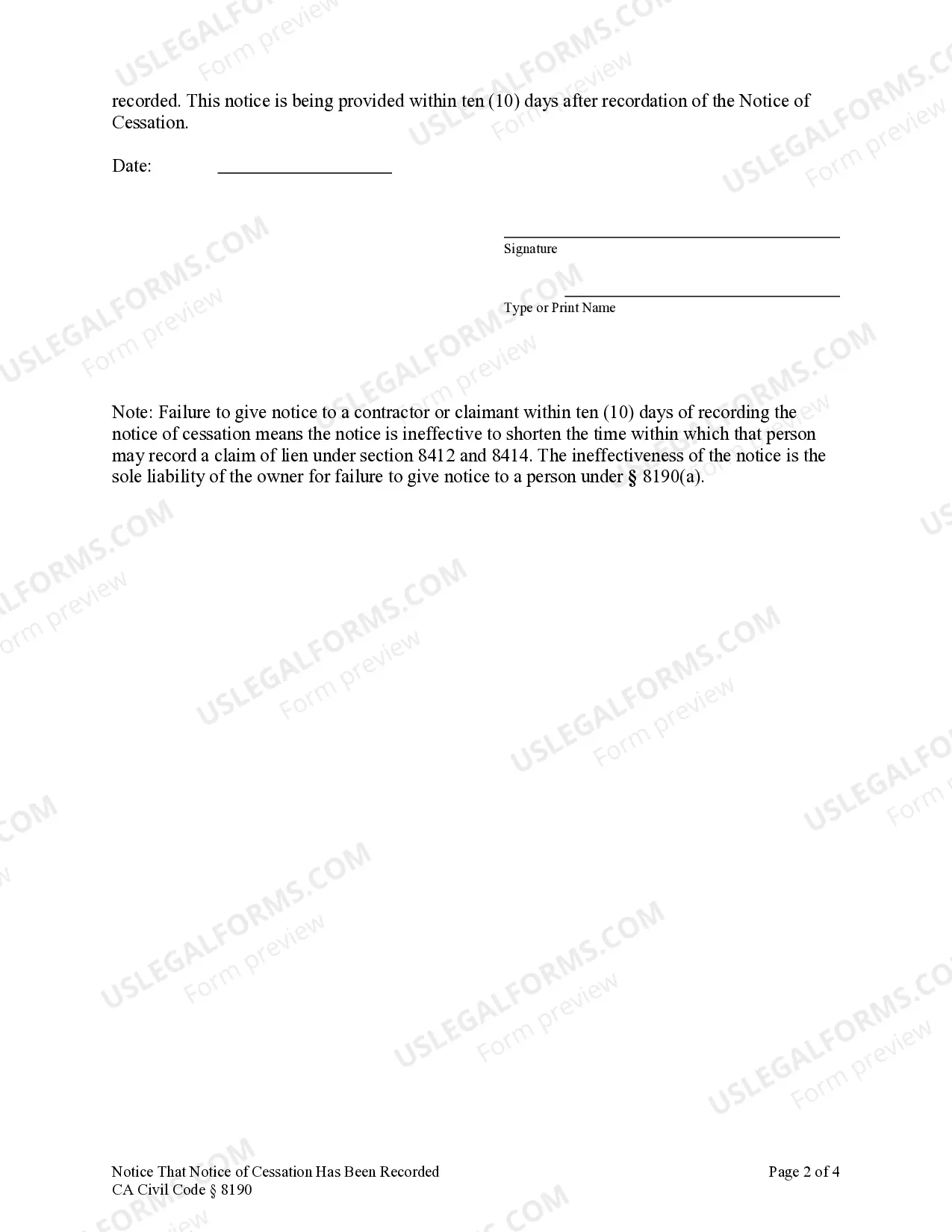 Preview Notice that Notice of Cessation Has Been Recorded - Individual